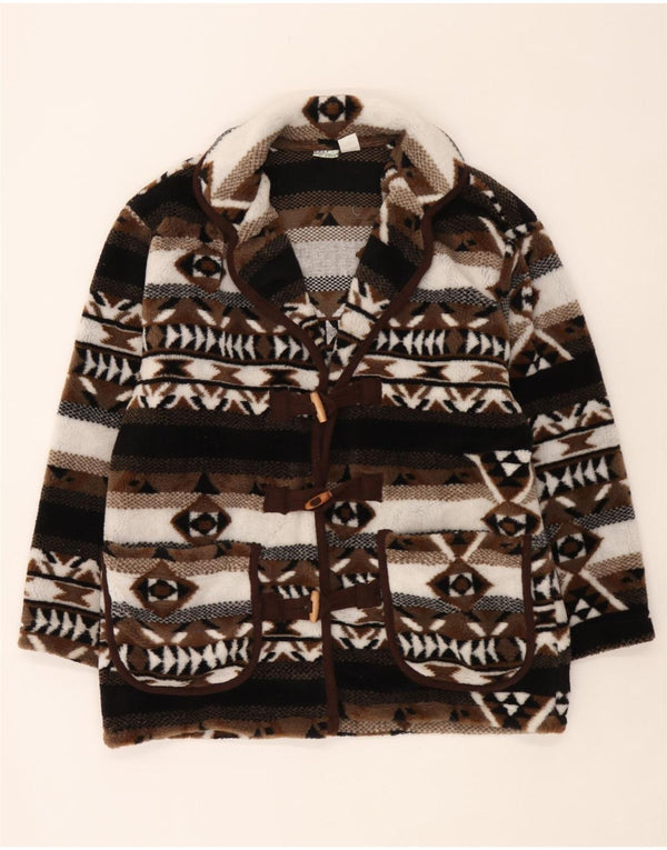 vintage Femmes Surdimensionné Tricot Duffle Coat UK 10/12 Petit Brun Fair Isle