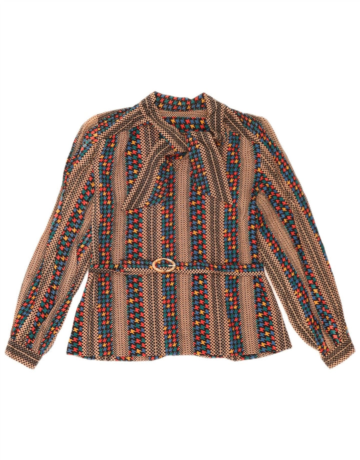vintage Femme Manches Longues Blouse Top UK 14 Moyen Brun Rayé