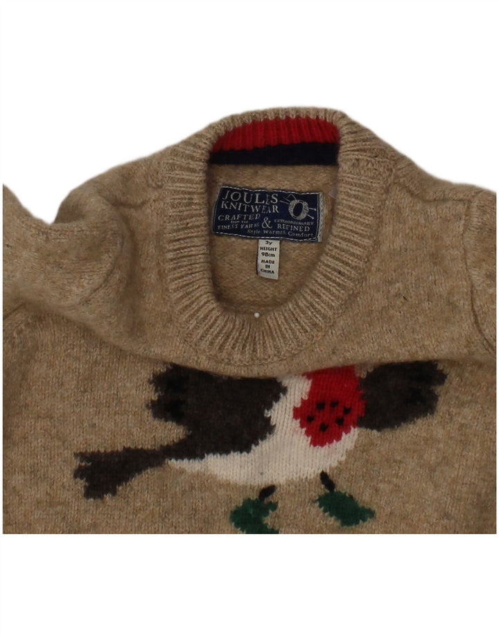 JOULES Girls Graphic Boat Neck Jumper Sweater 2-3 Years Beige Lambswool