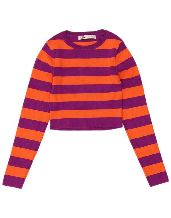 ZARA Femme Crop Boat Neck Jumper Pull UK 8 Petit Violet Rayé