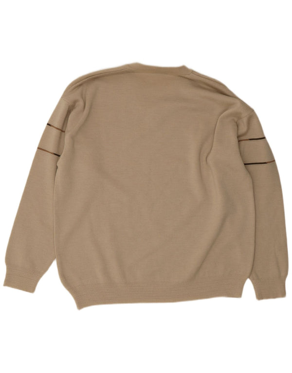 vintage Homme Col V Pull Pull IT 50 Moyen Beige Rayé Polyacrylique
