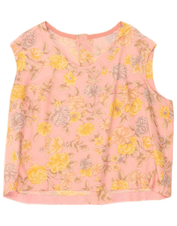 vintage Femme Blouse Sans Manches Top UK 12 Moyen Rose Floral