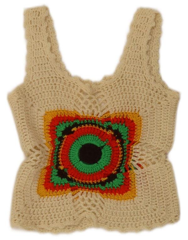 vintage Femmes Crochet Sans Manches Crop Top UK 4 XS Off White Géométrique