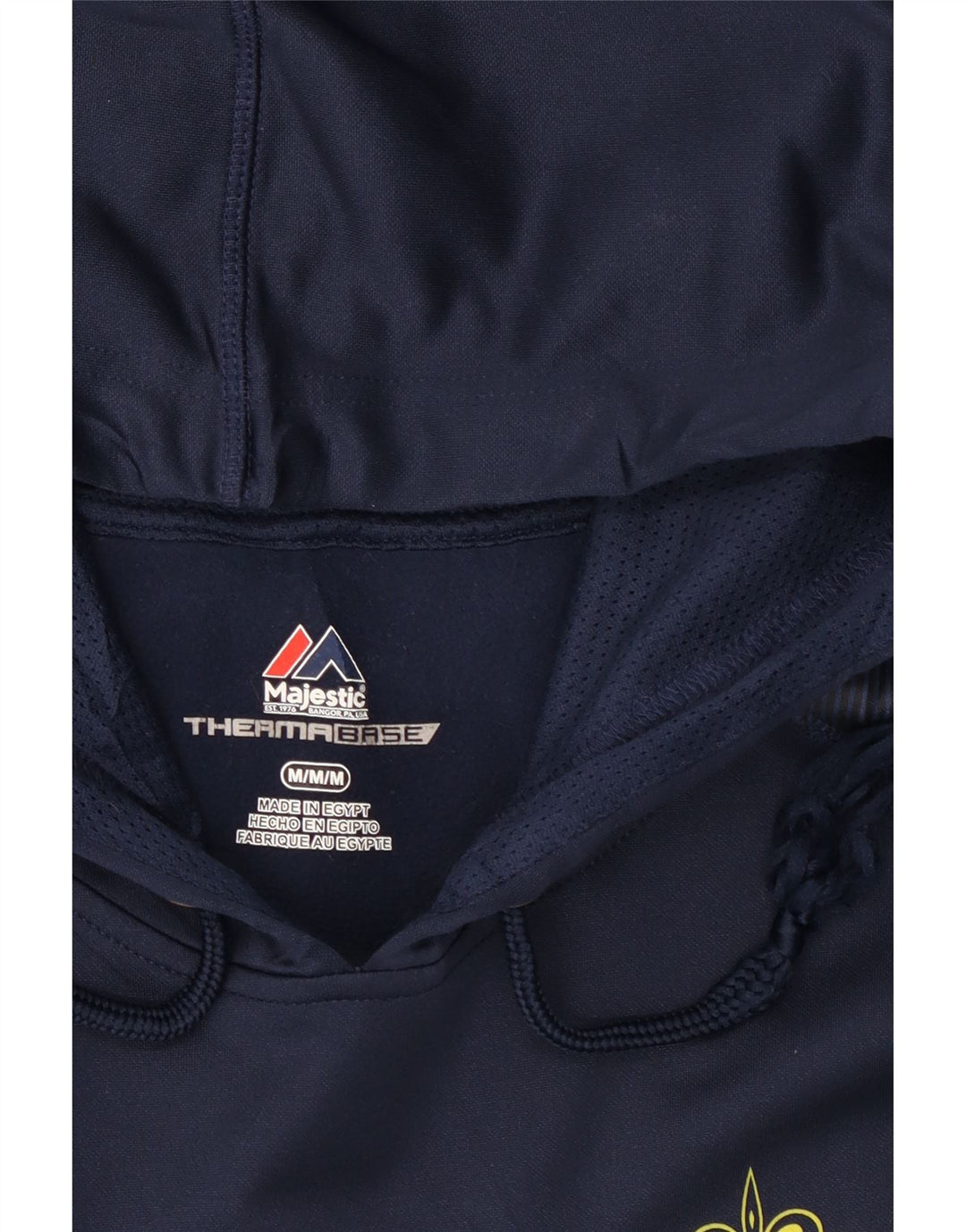 MAJESTIC Mens Graphic Hoodie Jumper Medium Navy Blue Pinstripe Polyester Vintage Majestic and Second-Hand Majestic from Messina Hembry 