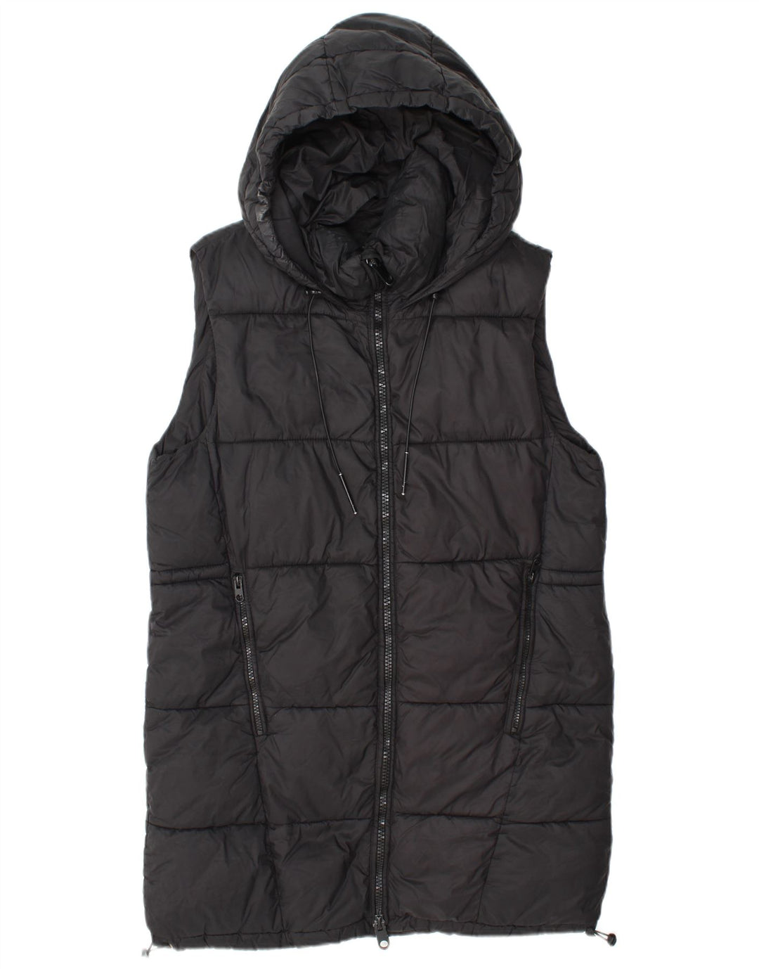 Zara Gilet rembourré à capuche long pour femme UK 14 Medium Noir Polyester