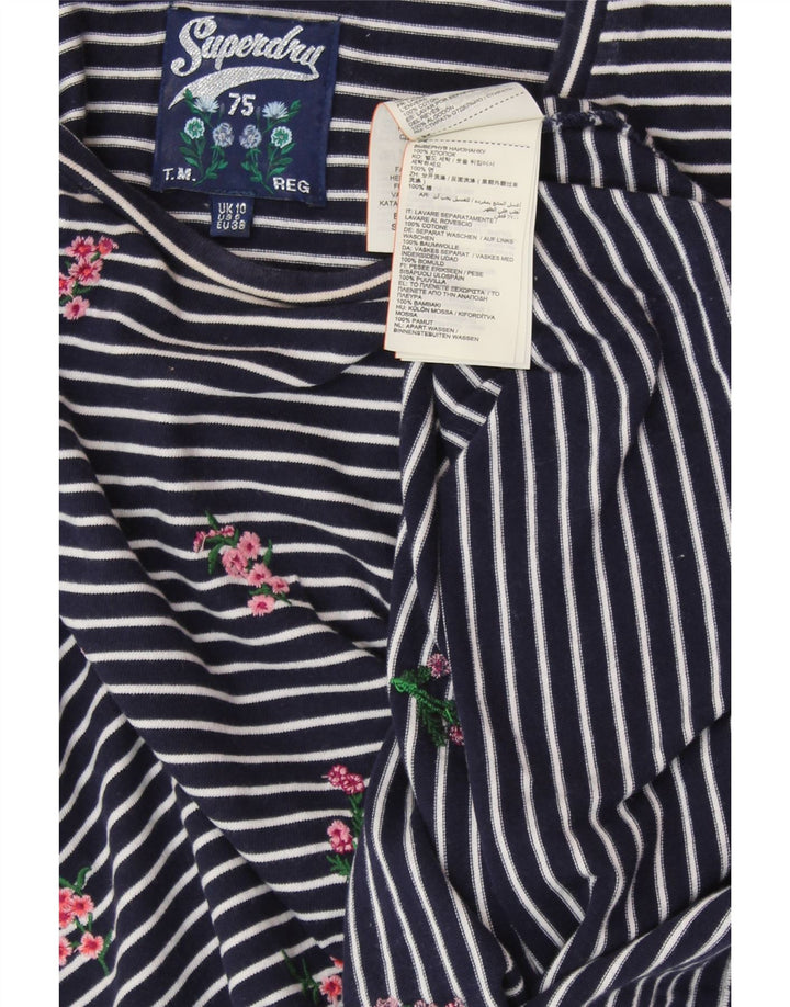 SUPERDRY Top Femme Manches Longues UK 10 Small Bleu Marine Rayé Coton