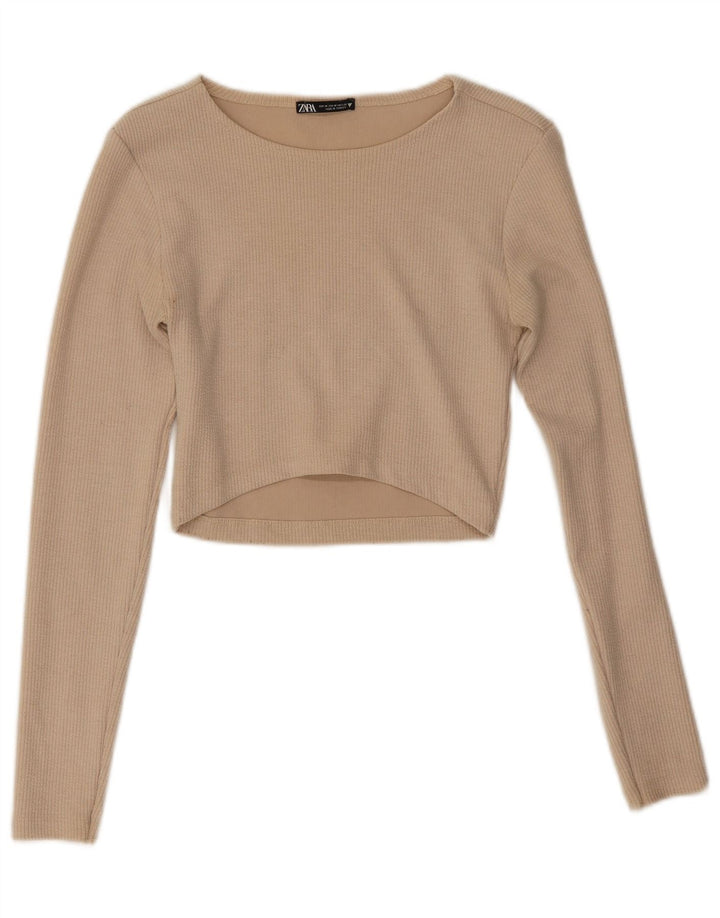 Zara Femme Crop Top Manches Longues UK 12 Beige Moyen