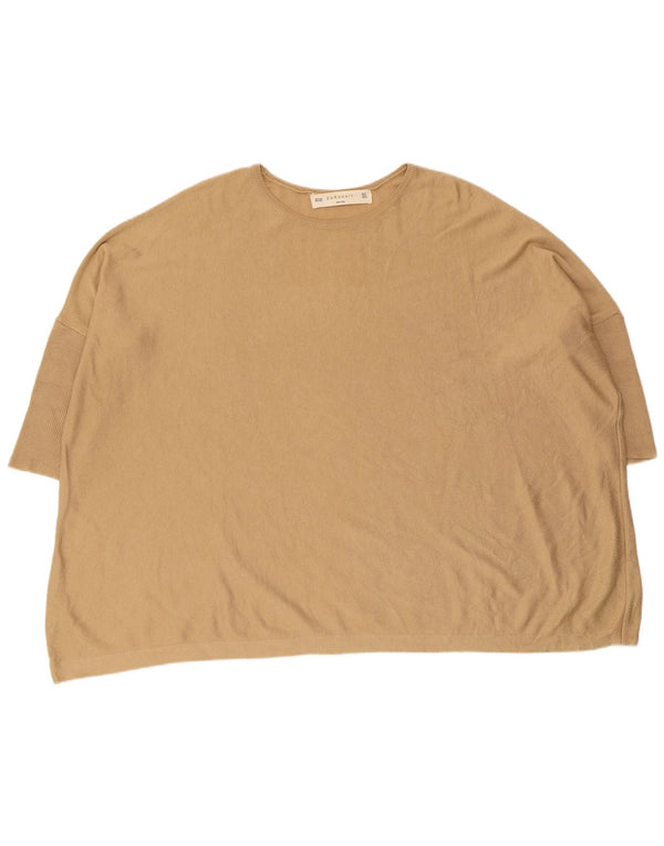 Zara Pull à manches courtes et col rond pour femme Beige moyen UK 14