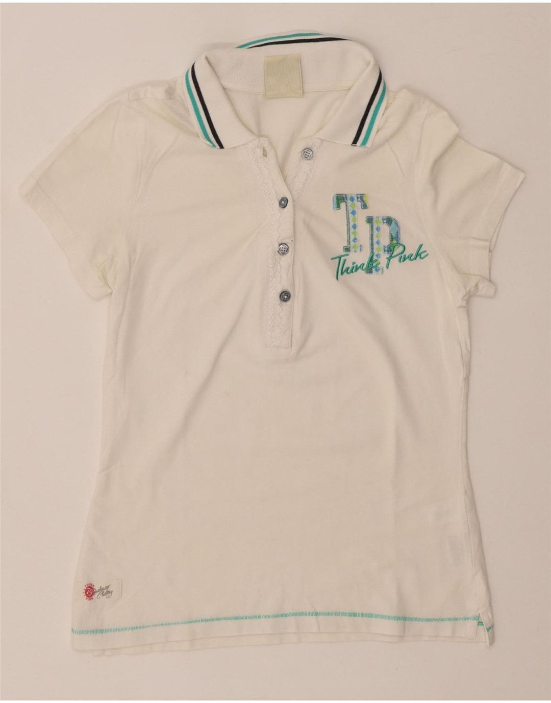 THINK PINK Polo graphique pour femme UK 8 petit coton blanc