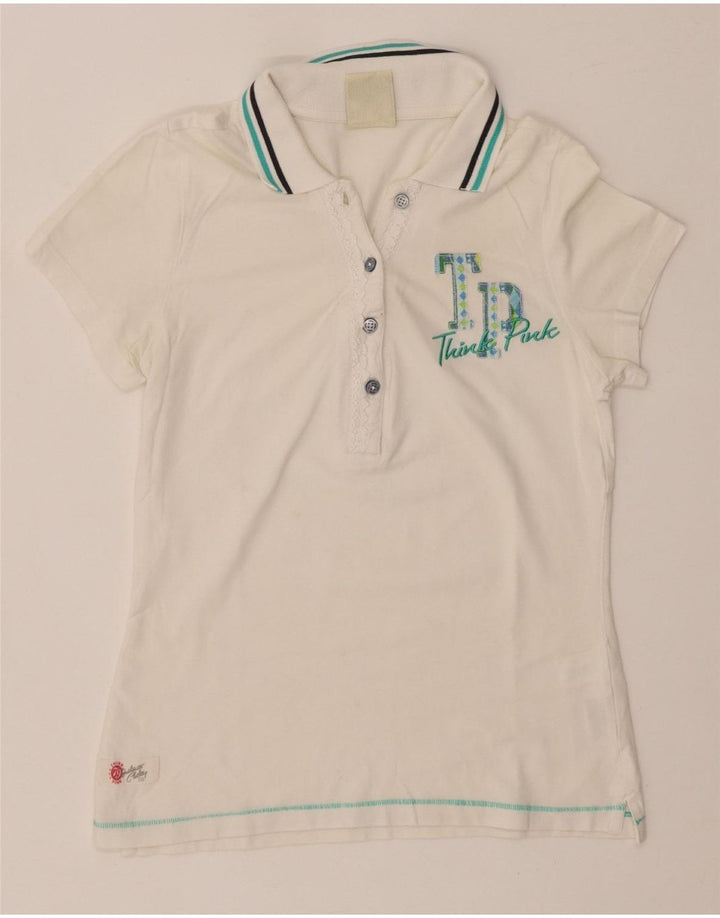 THINK PINK Polo graphique pour femme UK 8 petit coton blanc