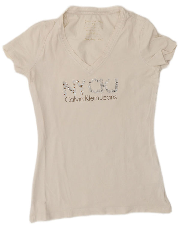 Calvin Klein Jeans T-shirt graphique pour femme UK 6 XS Blanc Coton