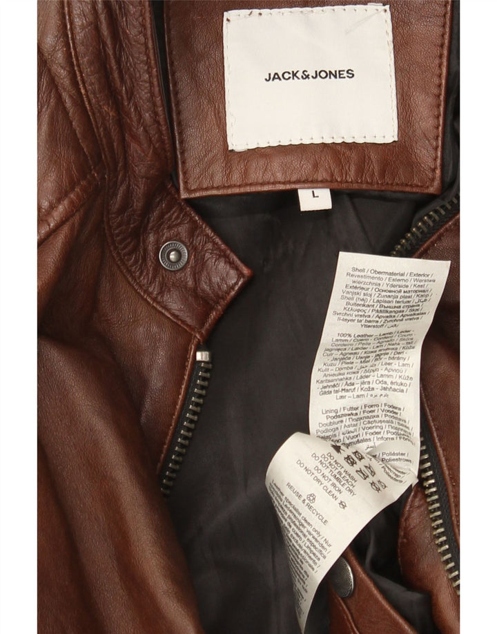 Jack & Jones Veste de motard en cuir pour homme UK 40 Grand cuir marron