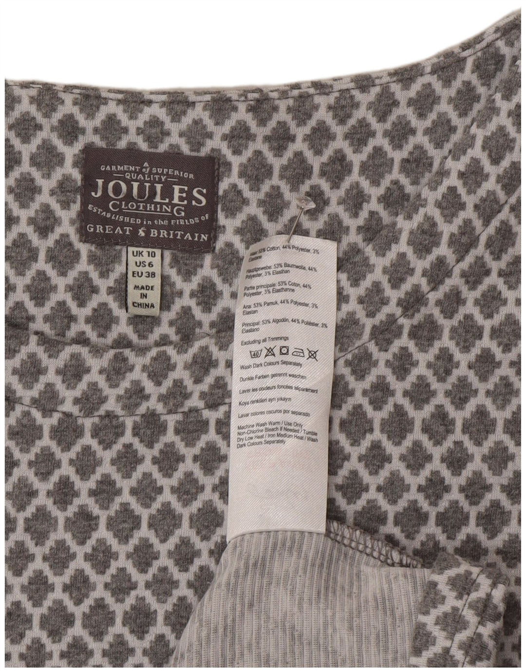 Joules Robe basique à manches longues pour femme UK 10 Petit gris géométrique en coton