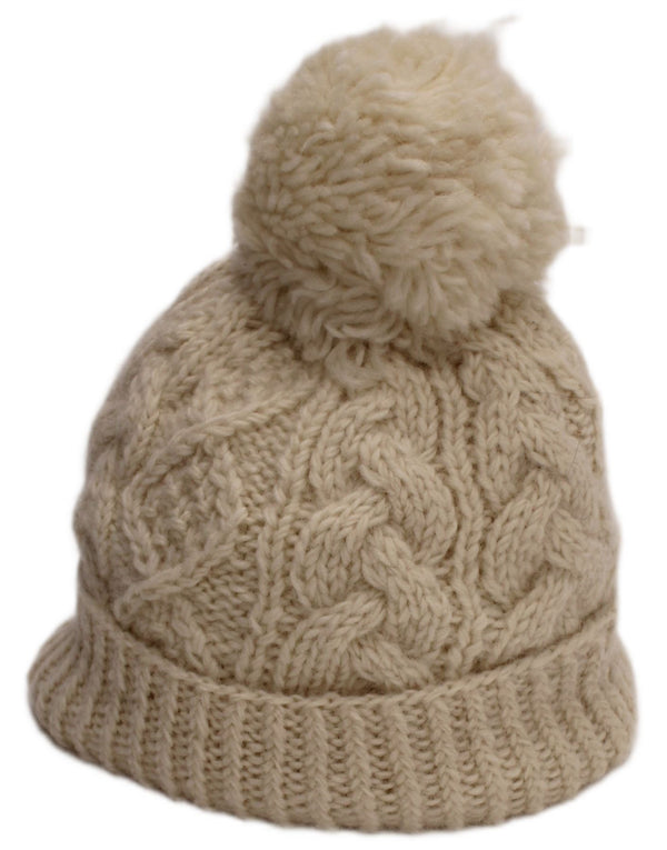 Aran Sweater Market Bonnet à pompon en tricot pour femme en laine blanc cassé