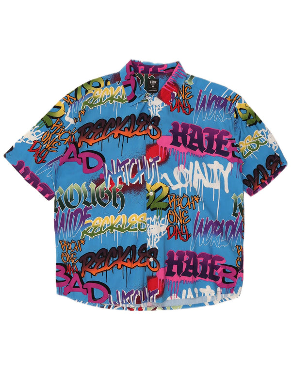 VINTAGE Chemise graphique surdimensionnée à manches courtes pour hommes, petit color block bleu