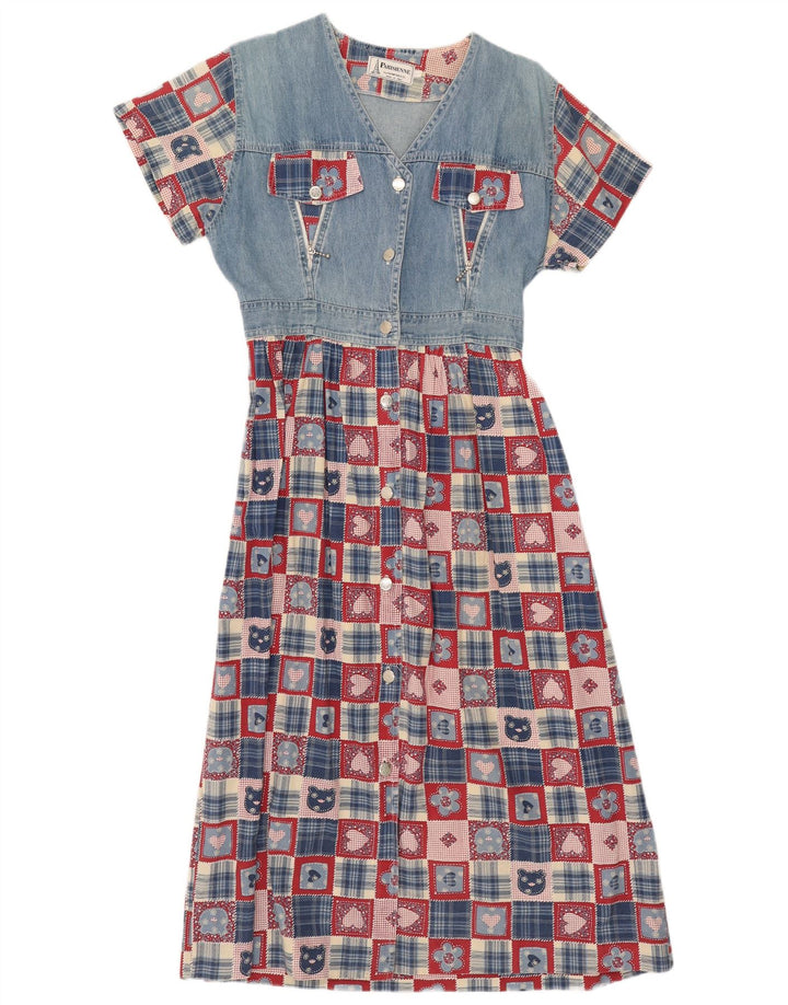 vintage Femme Robe A-Line UK 14 Grand Patchwork Bleu