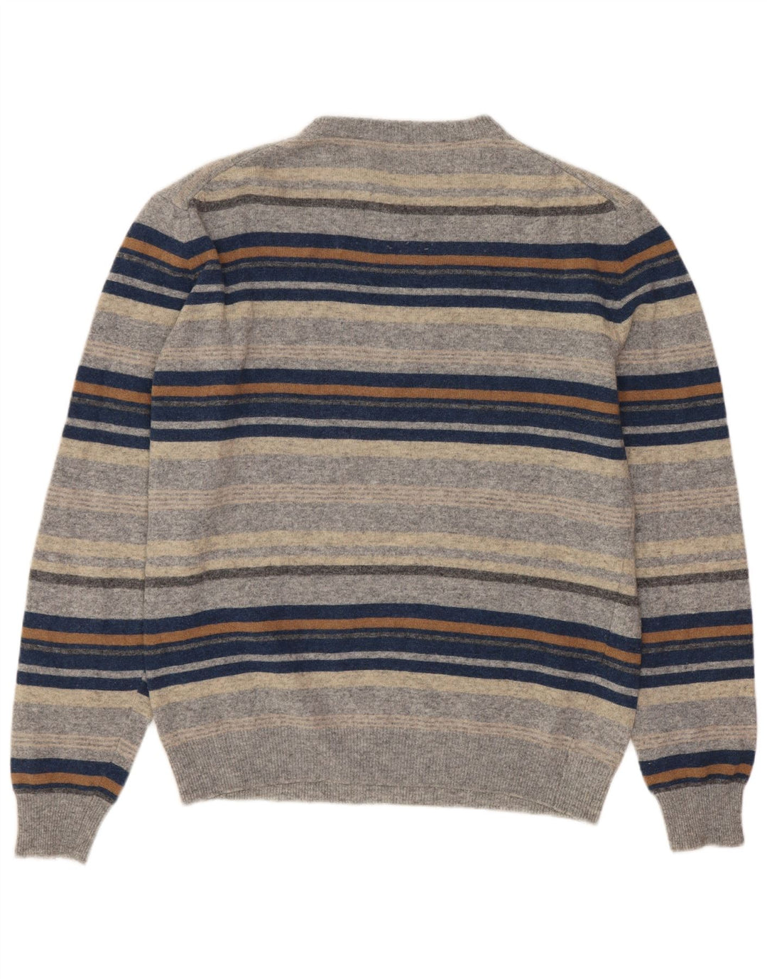 vintage Mens Crew Neck Jumper Pull Petite Laine Vierge Rayée Grise