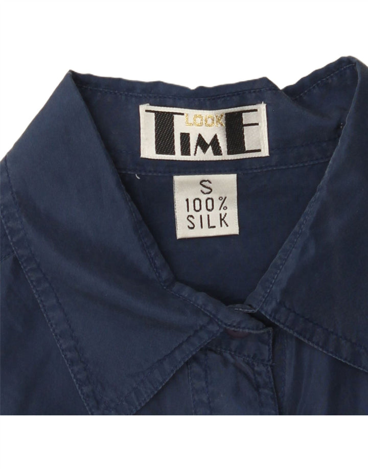 VINTAGE Chemise surdimensionnée femme UK 10 Petite soie bleu marine