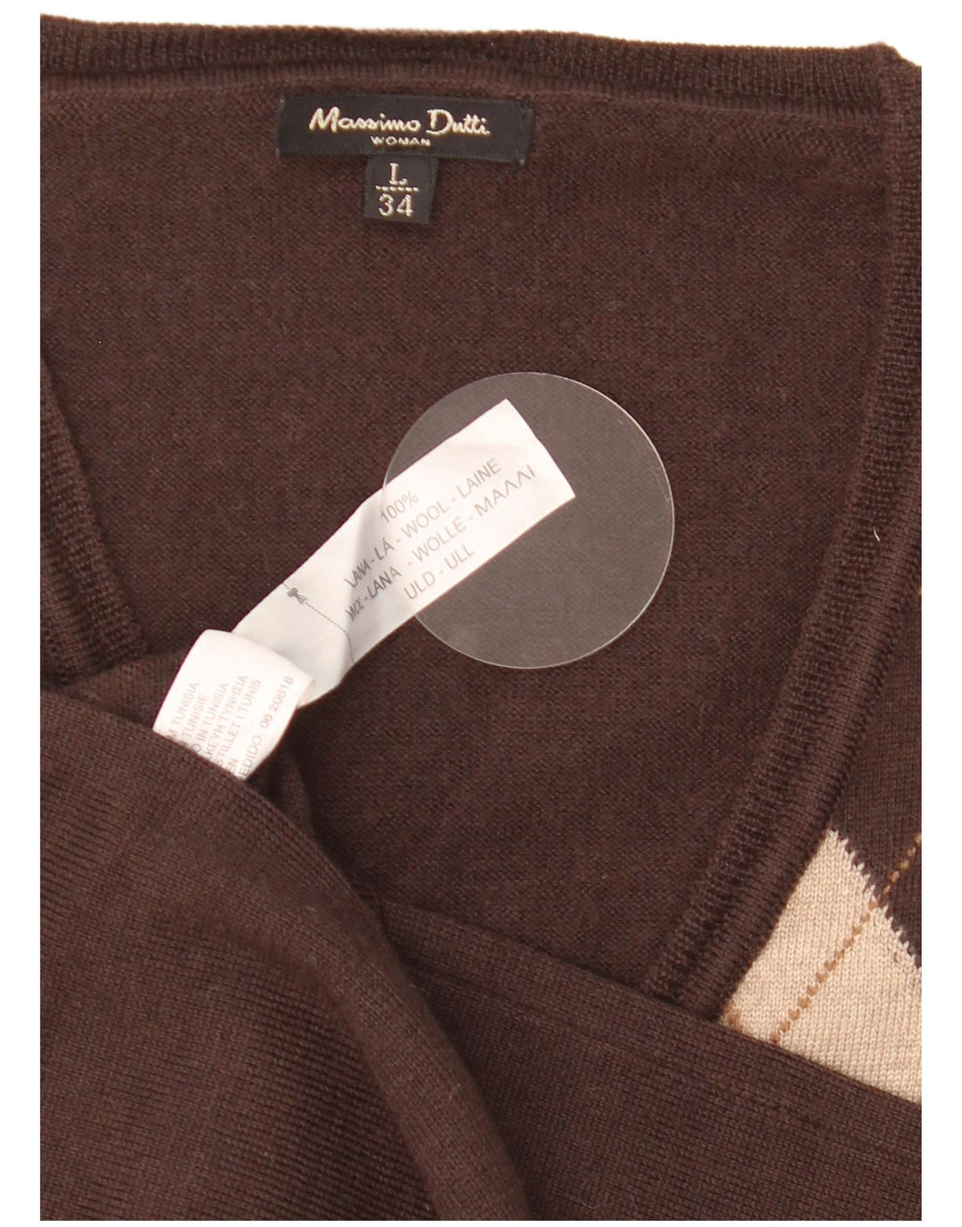 Massimo Dutti Pull col en V pour femme UK 14 Large Marron Argyle/Diamant