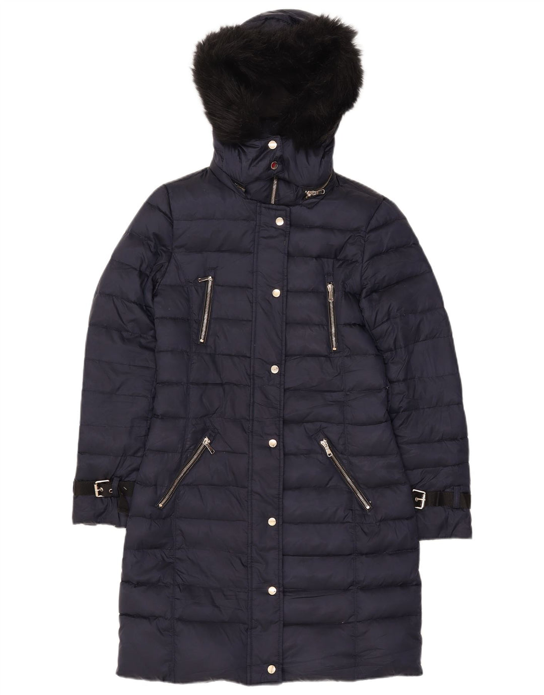 Zara Manteau rembourré à capuche pour femme UK 10 Small Bleu marine Polyester