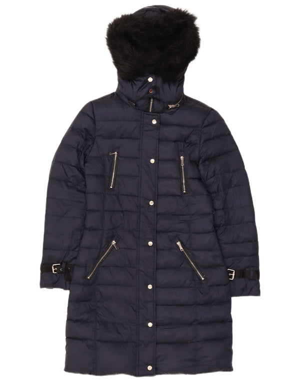 Zara Manteau rembourré à capuche pour femme UK 10 Small Bleu marine Polyester
