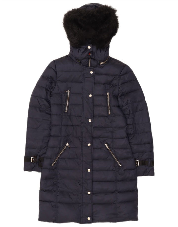 Zara Manteau rembourré à capuche pour femme UK 10 Small Bleu marine Polyester