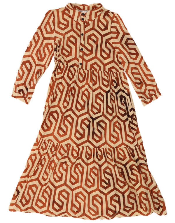Zara Robe à volants à manches 3/4 pour femme UK 10 Petit Beige Géométrique