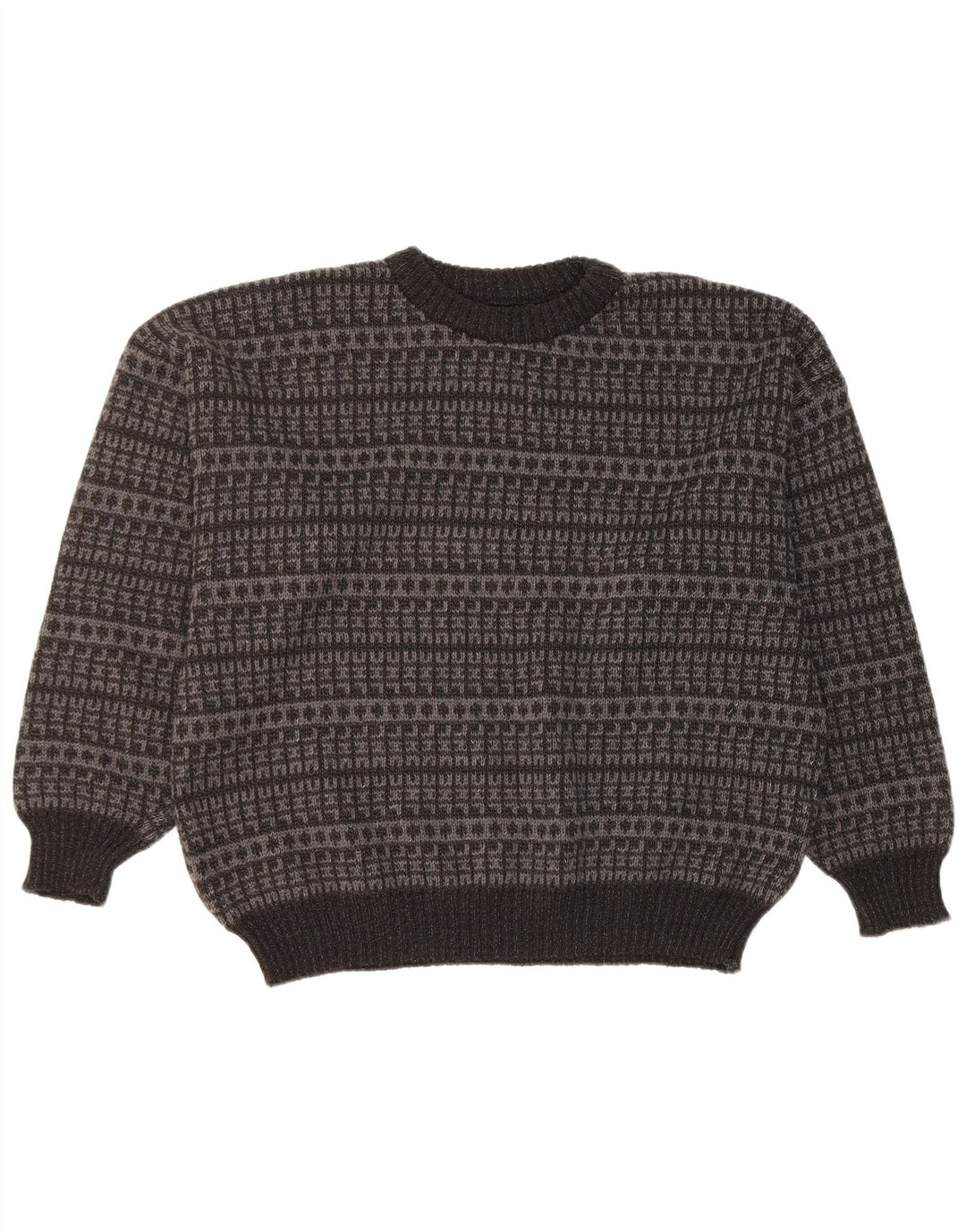 vintage Mens Crew Neck Jumper Pull Grand Noir Géométrique