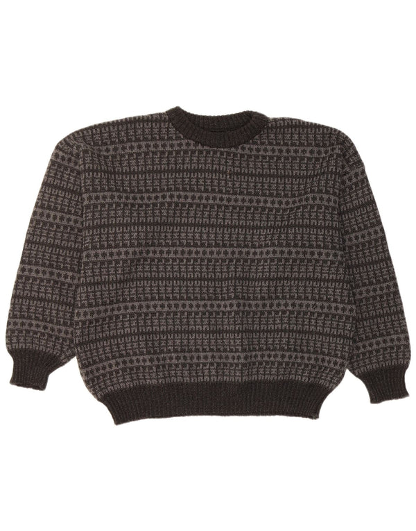 vintage Mens Crew Neck Jumper Pull Grand Noir Géométrique