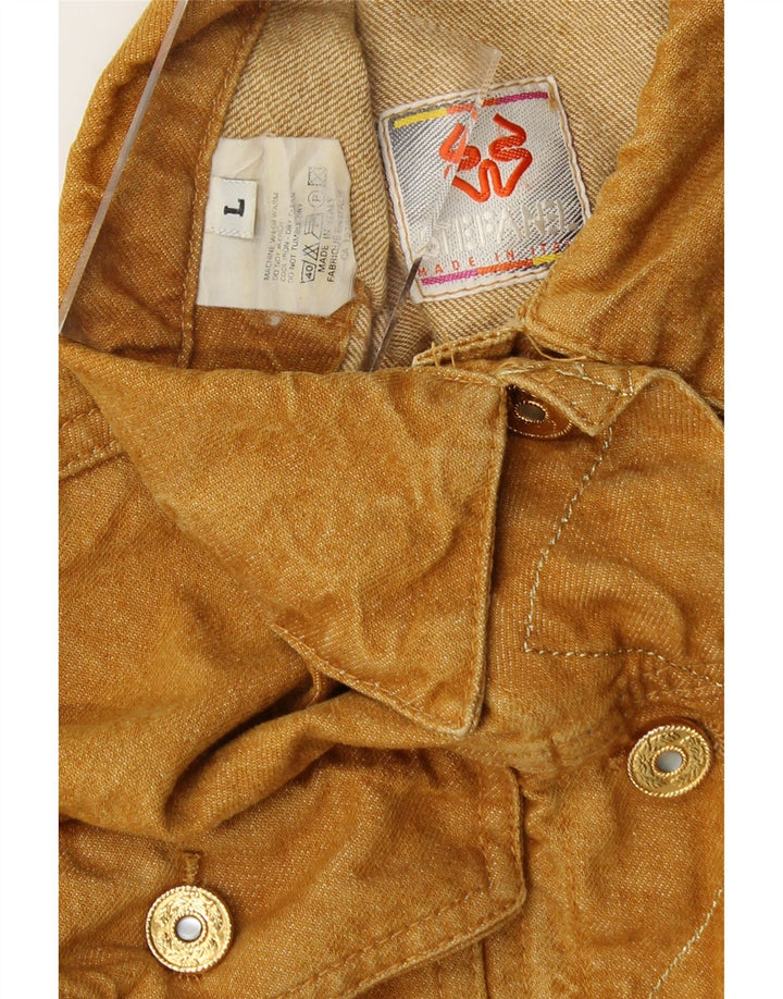 STEFANEL Womens Graphic Crop Denim Jacket UK 14 Large Beige Cotton Vintage Stefanel and Second-Hand Stefanel from Messina Hembry 