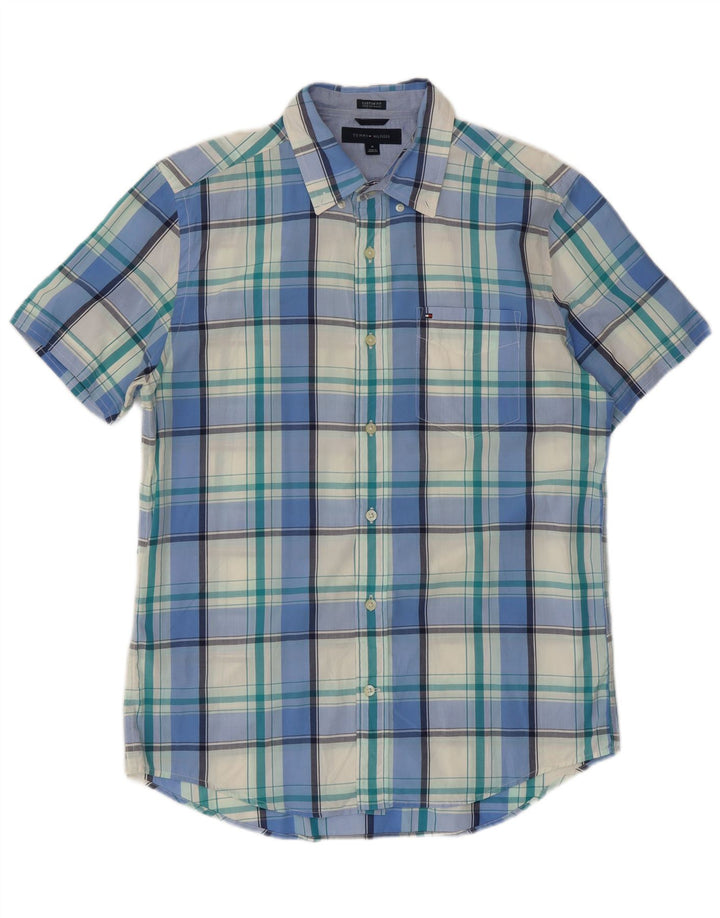 Tommy Hilfiger Chemise à manches courtes pour homme en coton à carreaux bleu moyen
