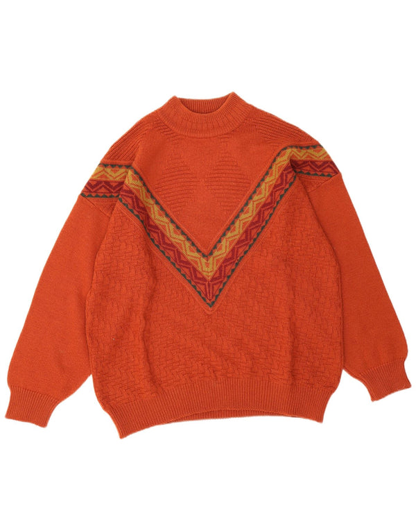 vintage Mens Turtle Neck Jumper Pull Grande Laine Géométrique Orange