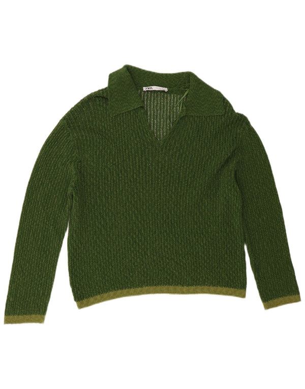 Zara Pull à col polo pour femme UK 14 Vert moyen Colourblock