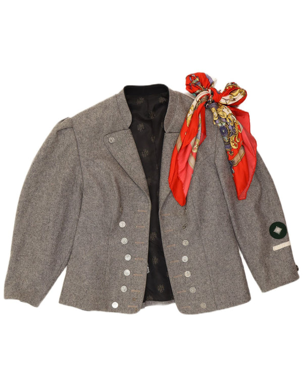 vintage Femmes Trachten 3/4 Manches Blazer Veste UK 14 Gris Moyen