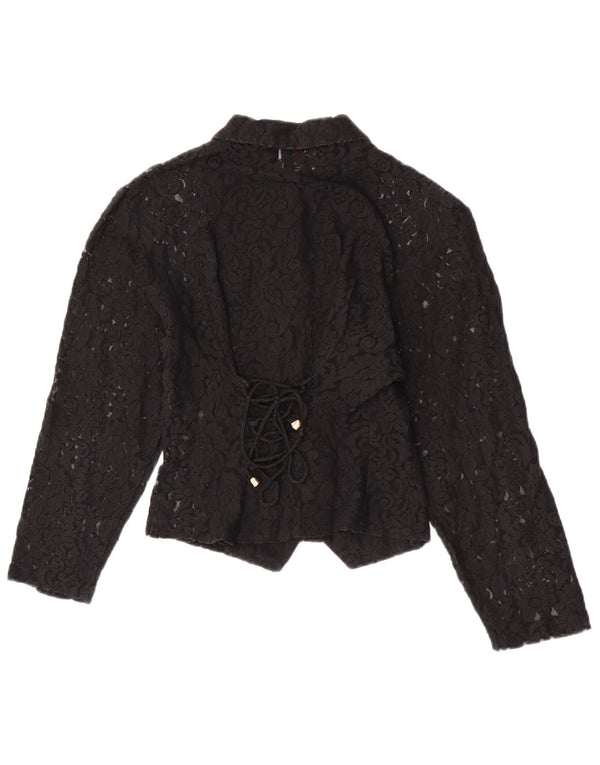 vintage Womens Crop Voir à travers la chemise Blouse UK 4 XS Noir Floral