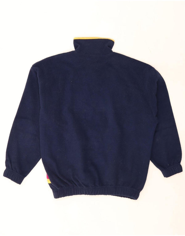 vintage Femmes Zip Neck Fleece Jumper UK 16 Grand Bleu Marine Géométrique
