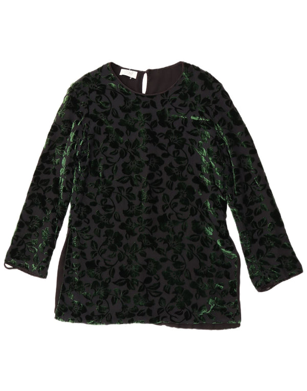 vintage Femmes Manches Longues Velours Blouse Top UK 12 Moyen Noir Floral