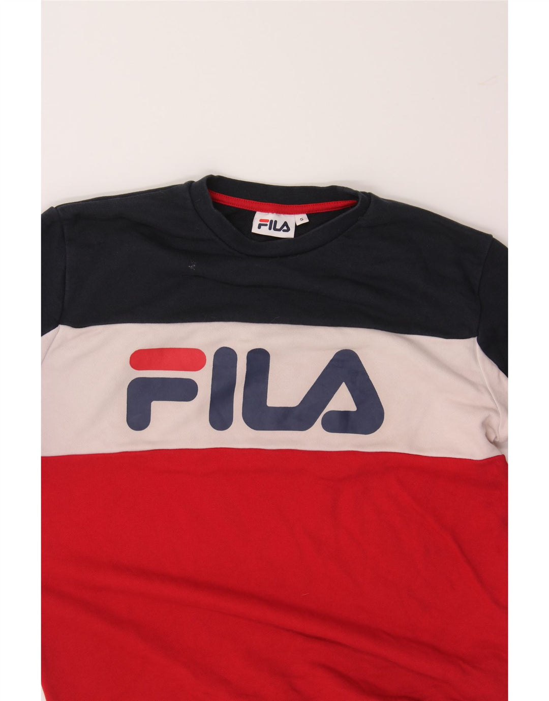 FILA Mens Graphic Sweatshirt Jumper Small Red Colourblock Cotton Vintage Fila and Second-Hand Fila from Messina Hembry 