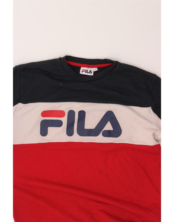 FILA Mens Graphic Sweatshirt Jumper Small Red Colourblock Cotton Vintage Fila and Second-Hand Fila from Messina Hembry 
