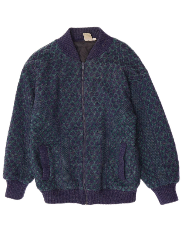 vintage Mens Knit Bomber Jacket UK 38 Moyen Bleu Géométrique Acrylique Rétro