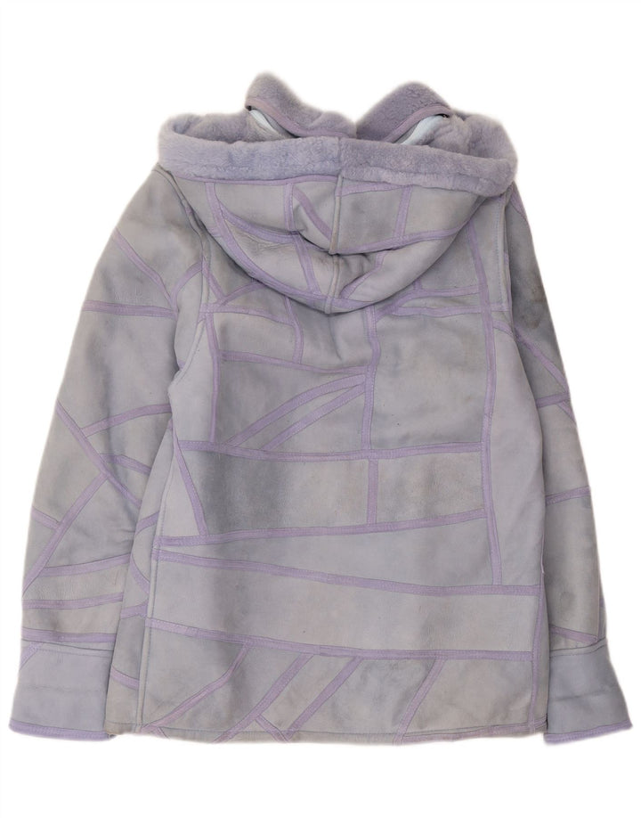 veste en peau de mouton à capuche femme vintage UK 16 Grand patchwork violet