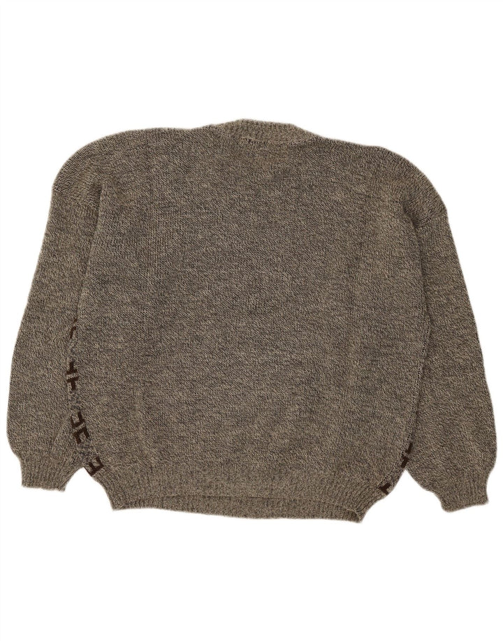 vintage Mens Crew Neck Jumper Pull Grand Gris Géométrique