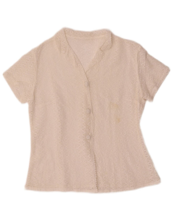 vintage Womens Crop Short Sleeve Crochet Shirt Blouse UK 10 Petit Blanc