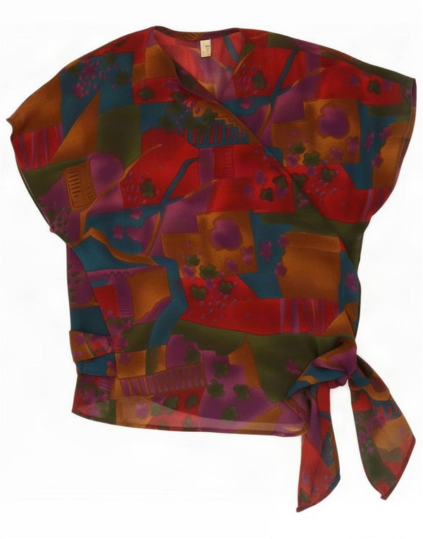 Vintage Womens Short Sleeve Wrap Blouse Top UK 16 Large Rouge Géométrique