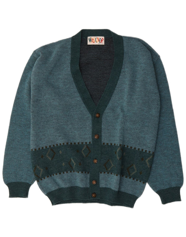 vintage Mens Cardigan Pull Moyen Turquoise Argyle/Diamond Laine
