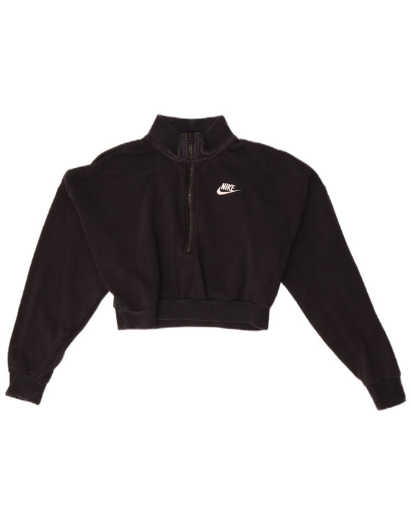 Nike Femme Surdimensionné Crop Zip Neck Sweatshirt Jumper UK 6 XS Noir Coton