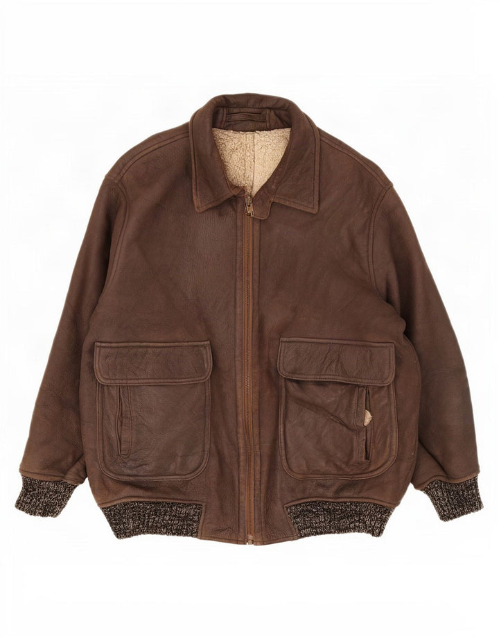 veste en peau de mouton homme vintage IT 52 XL Marron Moucheté