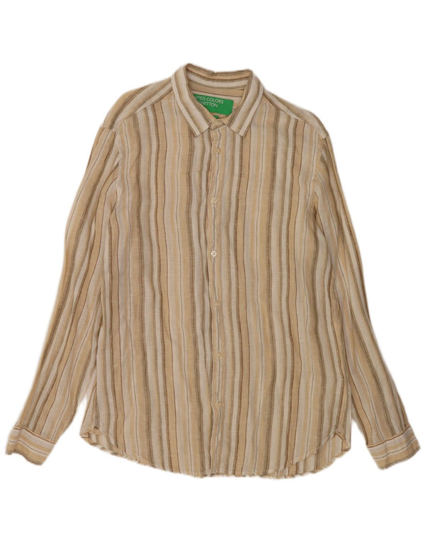 Benetton Chemise En Lin Rayé Beige Moyen Homme