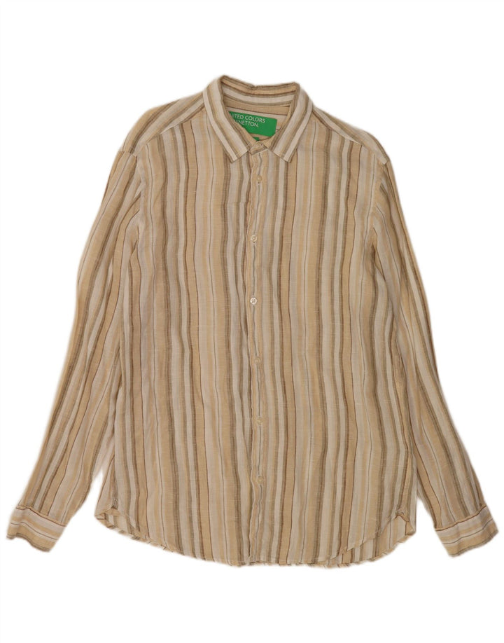 Benetton Chemise En Lin Rayé Beige Moyen Homme