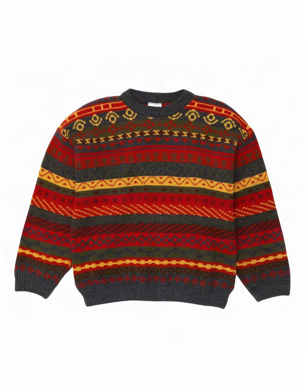 vintage Mens Crew Neck Jumper Pull Moyen Multicolore Fair Isle